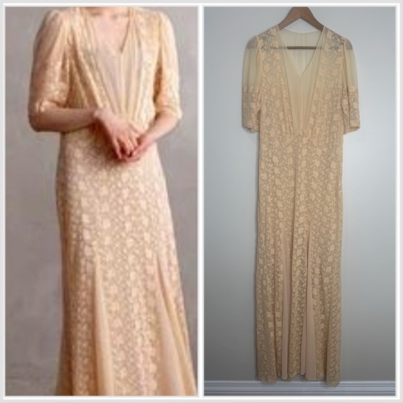 Anthro Korovilas Marigold 1930s Style Peace Lace Sheer Maxi Bridal Dress Medium